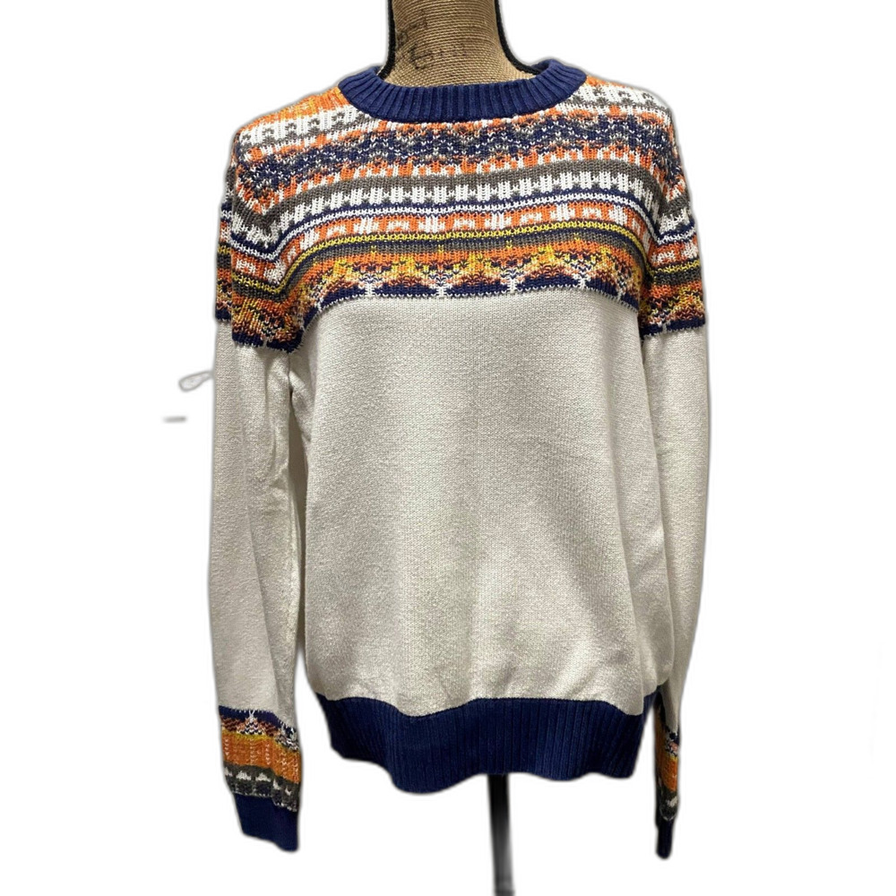 Aventura Schaffer Fair Isle Sweater Organic Cotton‎ Ivory Navy Orange Size Large